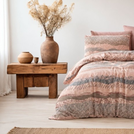 Lenjerie de pat dublu bumbac 100% ranforce Galce Maro cu imprimeu boho roz maro si bej