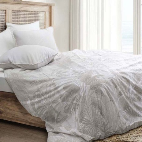 Lenjerie de pat Bahar Home Palmera Bone cu imprimeu tropical alb bej din bumbac 100% ranforce 145 TC