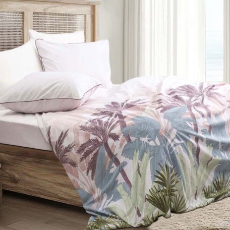 Lenjerie de pat Bahar Home Palmera garnet cu imprimeu tropical multicolor din bumbac 100% ranforce 145 TC