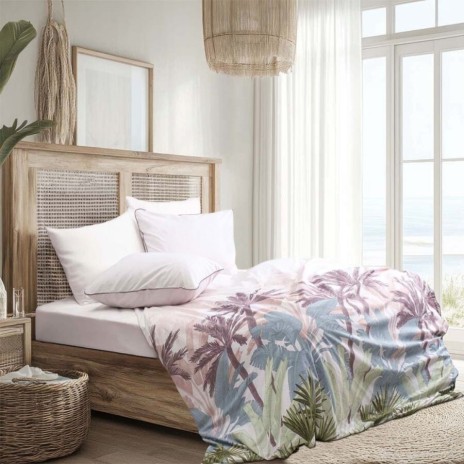 Lenjerie de pat Bahar Home Palmera garnet cu imprimeu tropical multicolor din bumbac 100% ranforce 145 TC