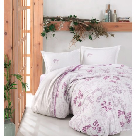 Lenjerie de pat din bumbac 100% Ranforce Lavanda albă cu imprimeu floral mov și lila