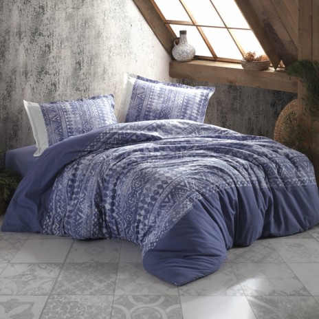 Lenjerie de pat dublu cu design etnic albastru și alb, motive geometrice, bumbac 100% ranforce