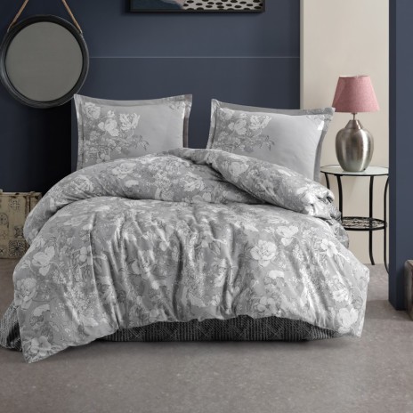 Lenjerie de pat Destin din bumbac 100% ranforce, design floral elegant în nuanțe de gri