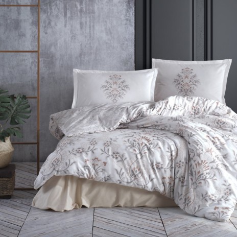 Lenjerie de pat dublu cu design floral elegant în bej și gri, bumbac 100% ranforce