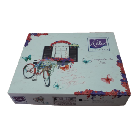 Lenjerie de pat din bumbac ranforce Pucioasa, design broderii florale roz și gri pe fundal alb cu carouri subtile