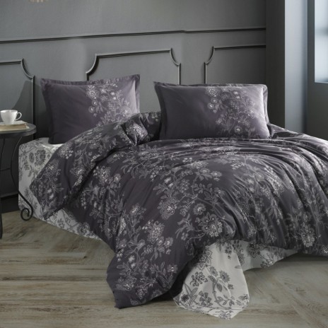 Lenjerie de pat dublu cu design floral elegant în gri și alb, bumbac 100% ranforce