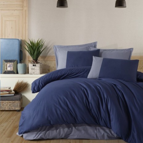 Lenjerie de pat dublu din bumbac 100% ranforce cu design modern în nuanțe de albastru și gri