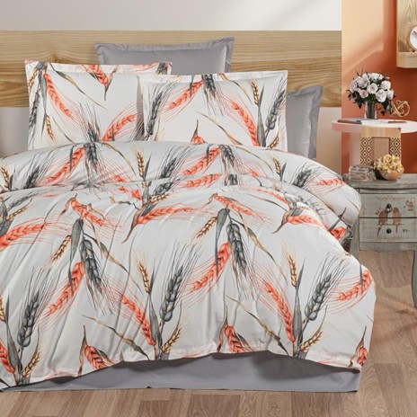 Lenjerie de pat din bumbac 100% ranforce portocaliu-gri cu design spice de grâu din colecția Pucioasa