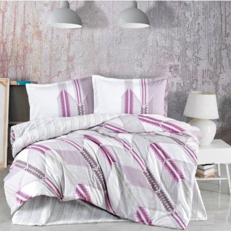 Lenjerie de pat bumbac 100% Ranforce Azur cu design geometric în nuanțe de mov și gri pe fundal alb, modern și elegant.
