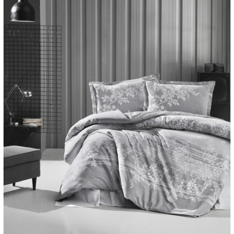 Lenjerie de pat dublu bumbac 100% ranforce Ralex Pucioasa Bova V1 cu design floral subtil în nuanțe de gri.
