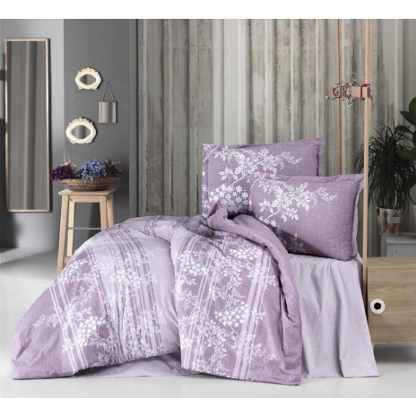 Lenjerie de pat dublu bumbac 100% ranforce Ralex Pucioasa Bova V2 cu design floral subtil în nuanțe de mov.