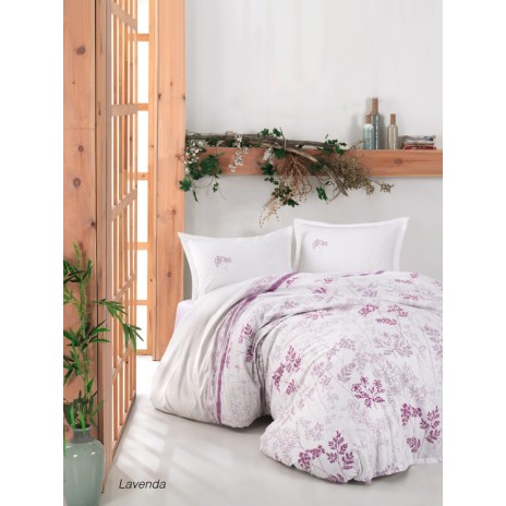 Lenjerie de pat din bumbac 100% Ranforce Lavanda albă cu imprimeu floral mov și lila