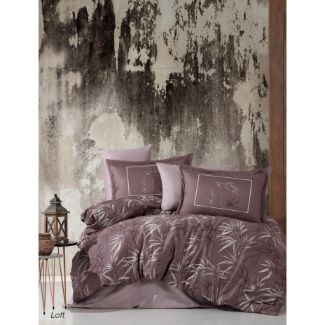 Lenjerie de pat dublu satin de lux mov cu design de frunze albe și argintii