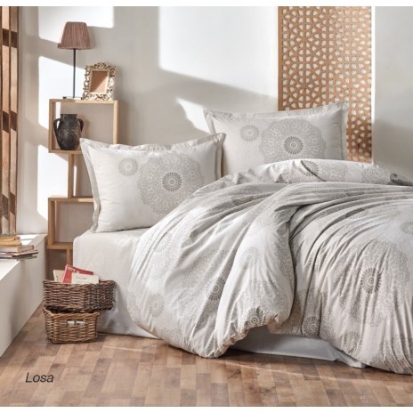 Lenjerie de pat din bumbac 100% Ranforce Losa albă cu imprimeu geometric gri