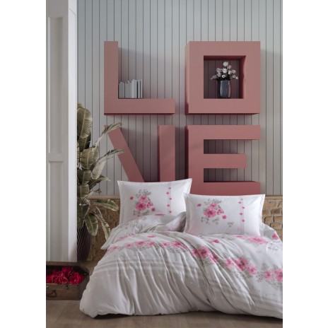 Lenjerie de pat dublu din bumbac 100% ranforce cu design romantic în nuanțe de alb și roz și motive florale delicate