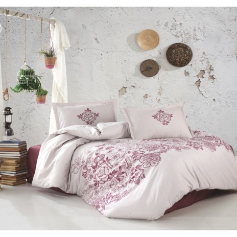 Lenjerie de pat dublu din bumbac ranforce cu model floral în nuanțe de roșu pe fundal alb