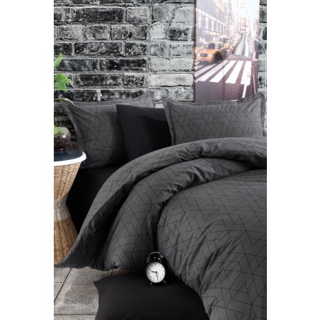 Lenjerie de pat dublu din bumbac ranforce cu model geometric în nuanțe de antracit pe fundal negru