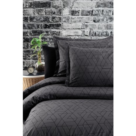 Lenjerie de pat dublu din bumbac ranforce cu model geometric în nuanțe de antracit pe fundal negru