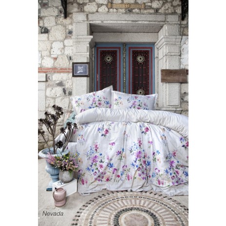 Lenjerie de pat bumbac 100% Ranforce Nevada cu design floral pe fundal alb