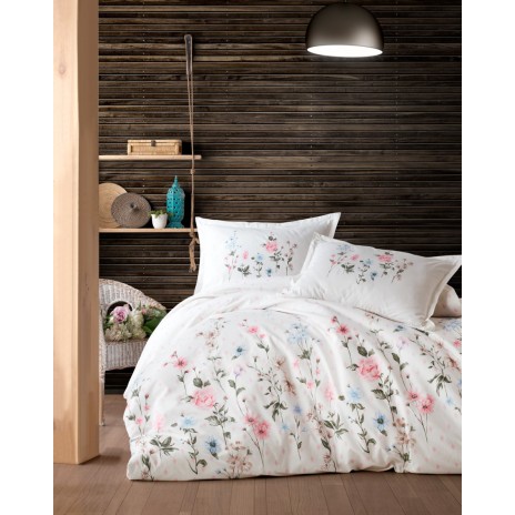Lenjerie de pat din bumbac 100% ranforce, Pucioasa, model Palitra V1, în nuanțe de alb, roz, verde și albastru cu design floral pastelat.