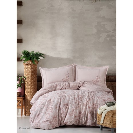 Lenjerie de pat din bumbac 100% Ranforce Porto roz pudrat cu imprimeu floral delicat