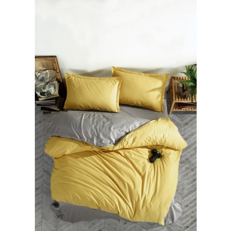 Lenjerie de pat dublu din bumbac 100% ranforce cu design modern în nuanțe de galben și gri