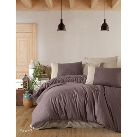 Lenjerie de pat din bumbac 100% ranforce cu design minimalist în nuanțe de maro și crem