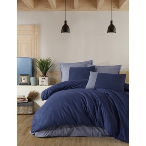 Lenjerie de pat dublu din bumbac 100% ranforce cu design modern în nuanțe de albastru și gri