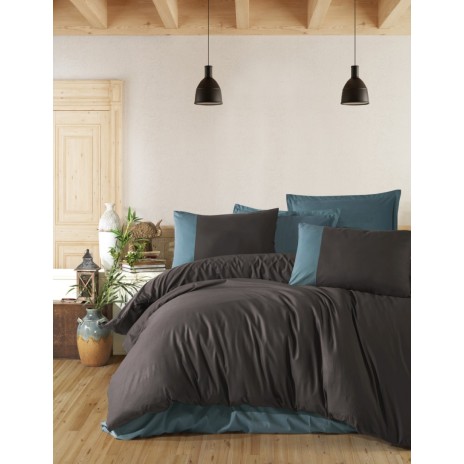 Lenjerie de pat dublu din bumbac 100% ranforce cu design modern în nuanțe de gri și albastru