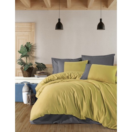 Lenjerie de pat dublu din bumbac 100% ranforce cu design modern în nuanțe de galben muștar și gri închis
