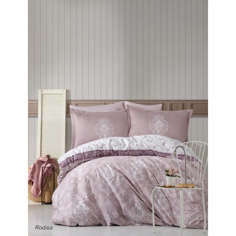 Lenjerie de pat din bumbac 100% ranforce model Rosida roz-alb cu design floral și baroc