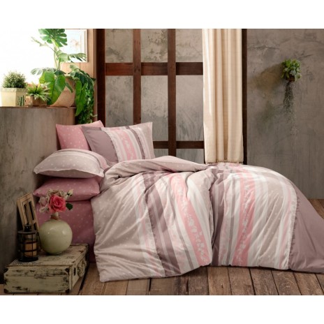 Lenjerie de pat din bumbac 100% ranforce Ralex Pucioasa Rustica V1, cu design de dungi și puncte în nuanțe de roz și alb.