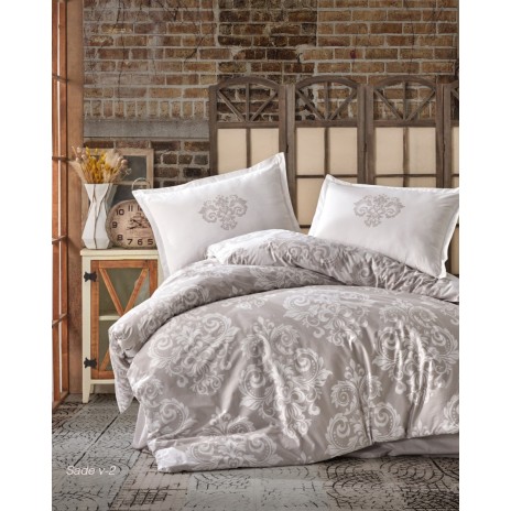 Lenjerie de pat bumbac 100% Ranforce Ralex Pucioasa Sade v2 cu design floral elegant în nuanțe de gri și alb