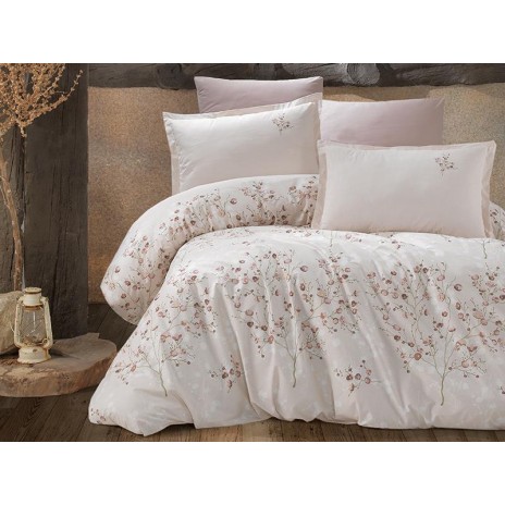 Lenjerie de pat din bumbac 100% ranforce Ralex Pucioasa Salida V1, cu design floral delicat în nuanțe de maro și roz pal pe fundal crem