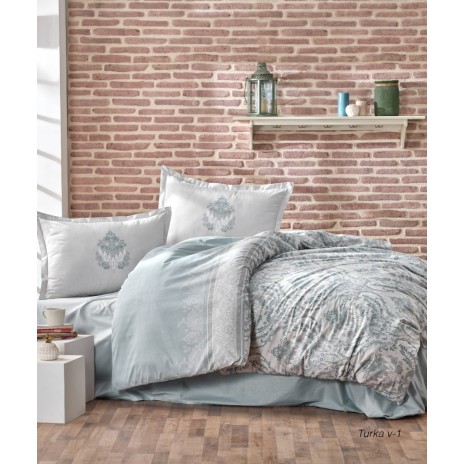 Lenjerie de pat bumbac 100% Ranforce Ralex Pucioasa Turka v1 cu design floral delicat în nuanțe de albastru deschis și alb