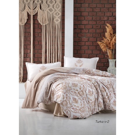 Lenjerie de pat bumbac 100% Ranforce Ralex Pucioasa Turka v2 cu design floral clasic în nuanțe de bej și crem