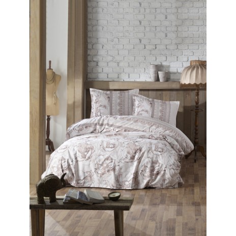 Lenjerie de pat dublu bumbac 100% ranforce Ralex Pucioasa Varna cu design floral în nuanțe de crem și bej.