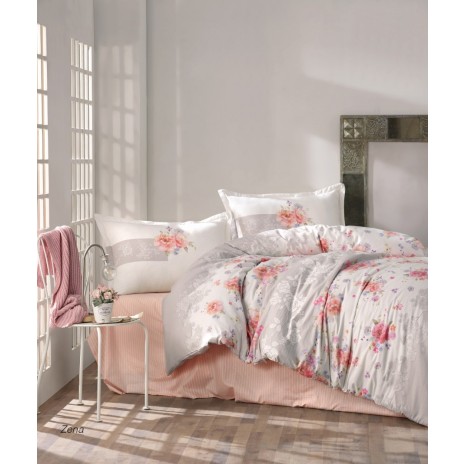Lenjerie de pat bumbac 100% Ranforce Ralex Pucioasa Zena cu design floral romantic în nuanțe de roz și alb