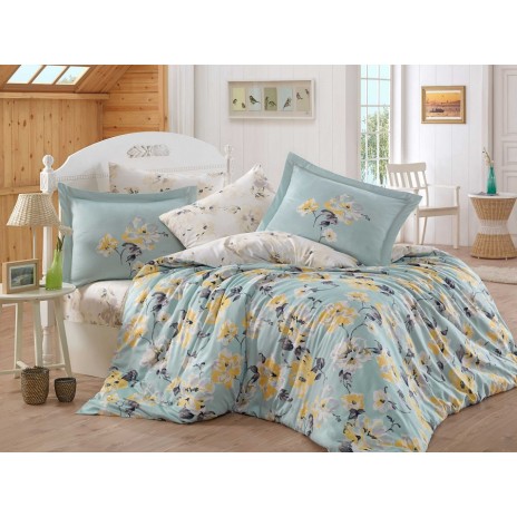 Lenjerie de pat din bumbac satinat Hobby Home cu model flori verde apă și galben pe fundal alb