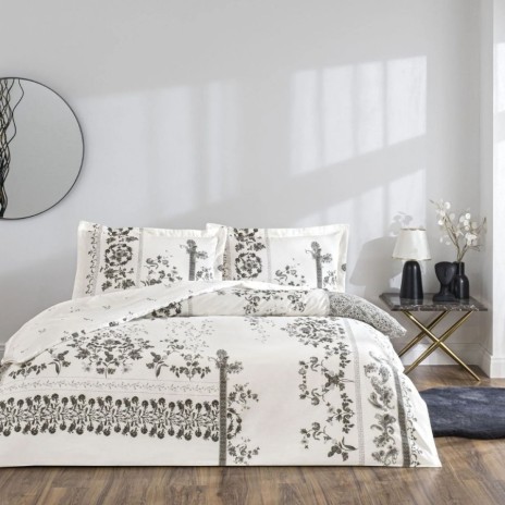 Set lenjerie de pat dublu Climena TAC din bumbac 100 % mako-satin, imprimeu floral monocrom pe fond alb