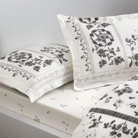 Set lenjerie de pat dublu Climena TAC din bumbac 100 % mako-satin, imprimeu floral monocrom pe fond alb