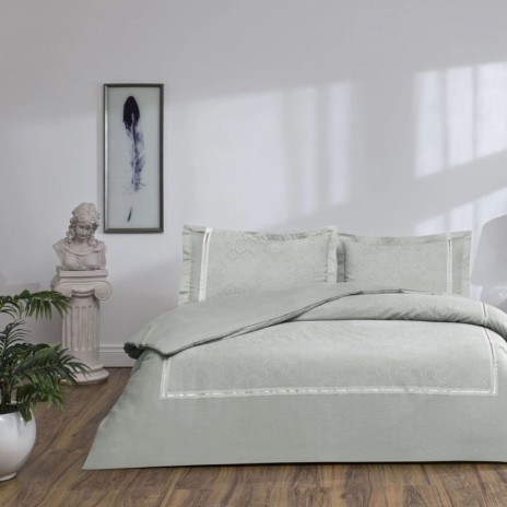 Set lenjerie de pat dublu Salvoria TAC din bumbac 100 % mako-satin, motiv damasc verde salvie cu bordură satinat-argintie