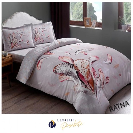 Lenjerie de pat dublu din bumbac satinat, model Ratna, cu design floral roz și gri, include 2 cearceafuri de pilotă