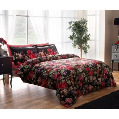 Lenjerie de pat florală neagră și roșie TAC Despina, model cu flori pe fundal negru și roșu, set de 7 piese din bumbac satinat