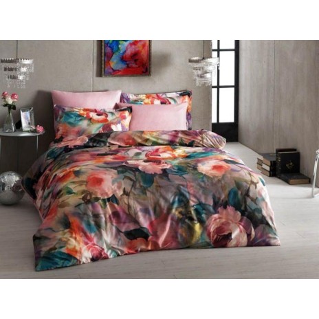 Lenjerie de pat florală roz TAC Joel, model cu flori mari multicolore pe fundal roz, set de 7 piese din bumbac satinat