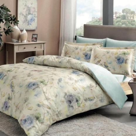 lenjerie de pat TAC Prelude bumbac satinat digital cu imprimeu floral pastelat albastru verde si galben cu 2 cearceafuri pilota