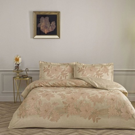 Set lenjerie de pat dublu Aurix din bumbac 100 % mako-satin, imprimeu floral pe fond bej auriu