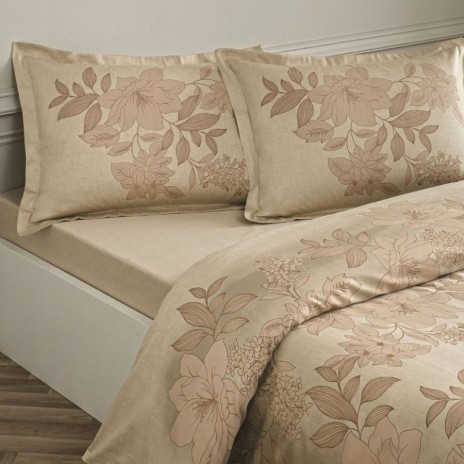 Set lenjerie de pat dublu Aurix din bumbac 100 % mako-satin, imprimeu floral pe fond bej auriu