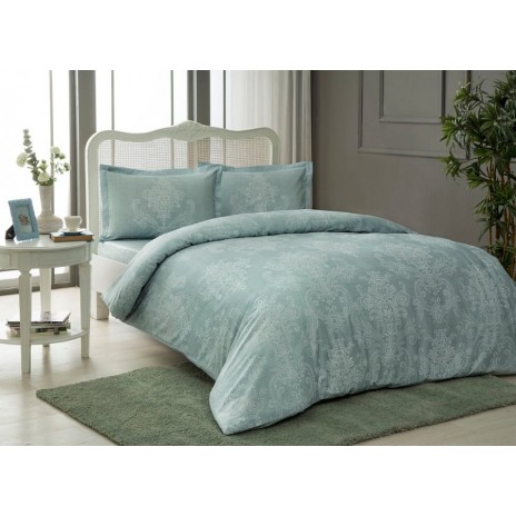 Lenjerie de pat din bumbac 100% satinat Tac cu model elegant alb pe fundal verde mentă