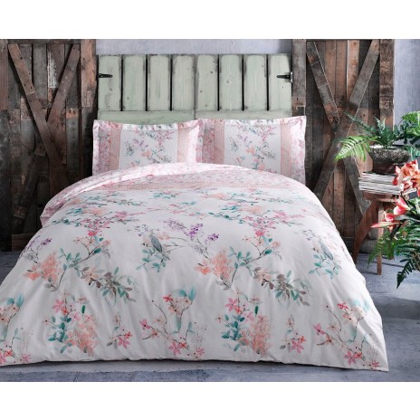 Lenjerie de pat din bumbac 100% satinat Tac Cindy cu model floral roz, verde, lila și portocaliu pe fundal alb